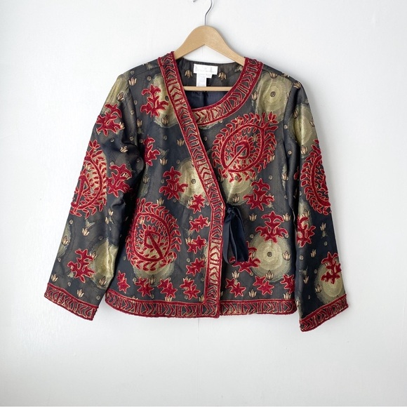 Vintage Soft Surroundings Embroidered Artsy Brocade Asian Print Jacket Large - Picture 1 of 7